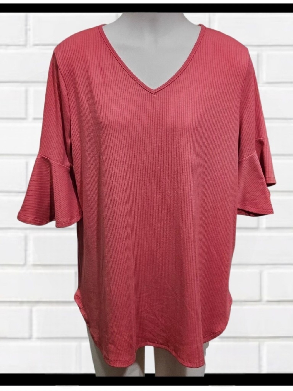 PERFECT PEACH Terracotta Rib Knit Ruffle Flutter Sleeve Top Large